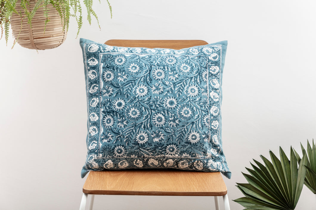 Denim Blue Block Print cushion to match quilt