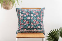 Load image into Gallery viewer, Green and Pink Block Print cushion to match quilt
