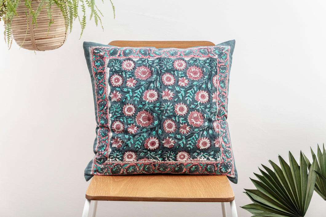 Green and Pink Block Print cushion to match quilt