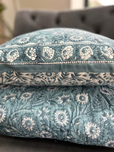 Load image into Gallery viewer, Denim Blue Block Print cushion to match quilt
