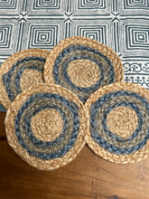 Load image into Gallery viewer, Blue and grey jute coasters - set of 4