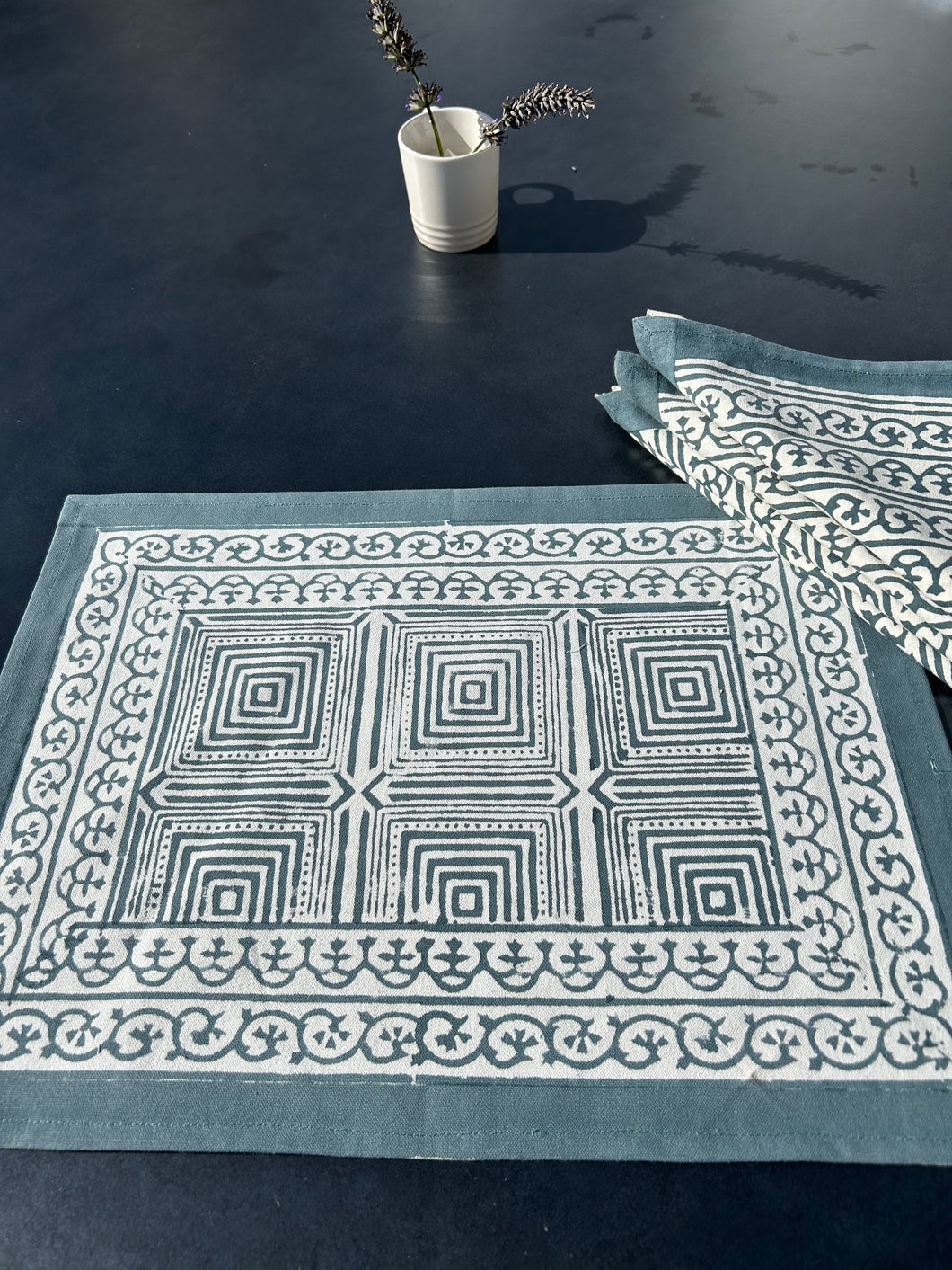 Blue block printed place mats - set of 4