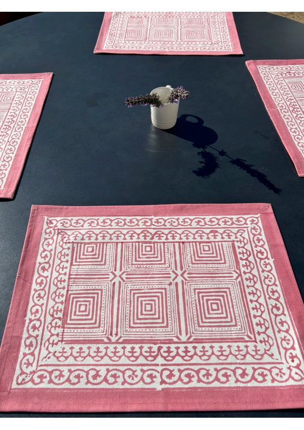 Pink block printed place mats - set of 4