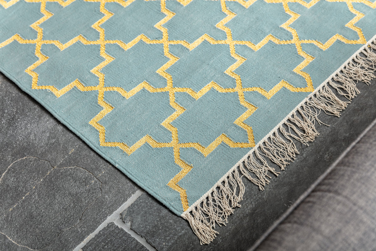 Duck egg blue rug gold pattern handmade rug