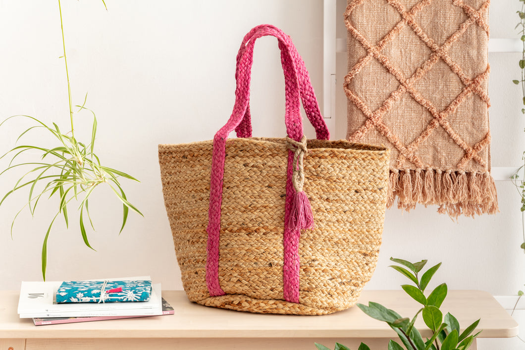 Pink and Natural Basket Bag