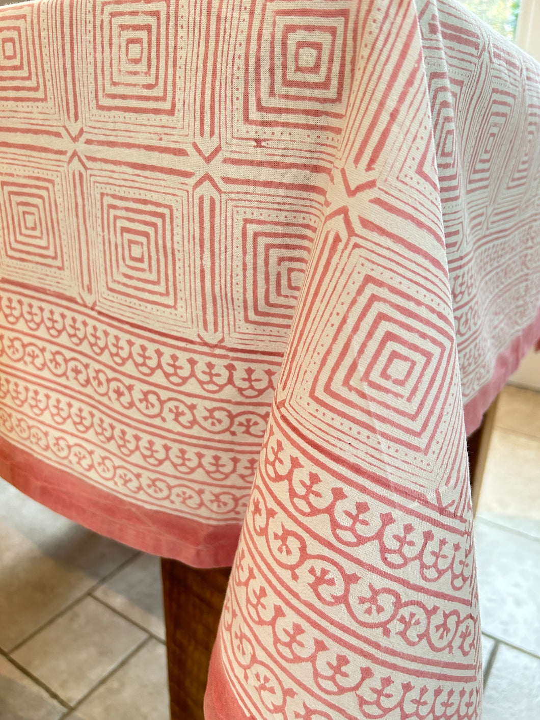 Pink block printed table cloth
