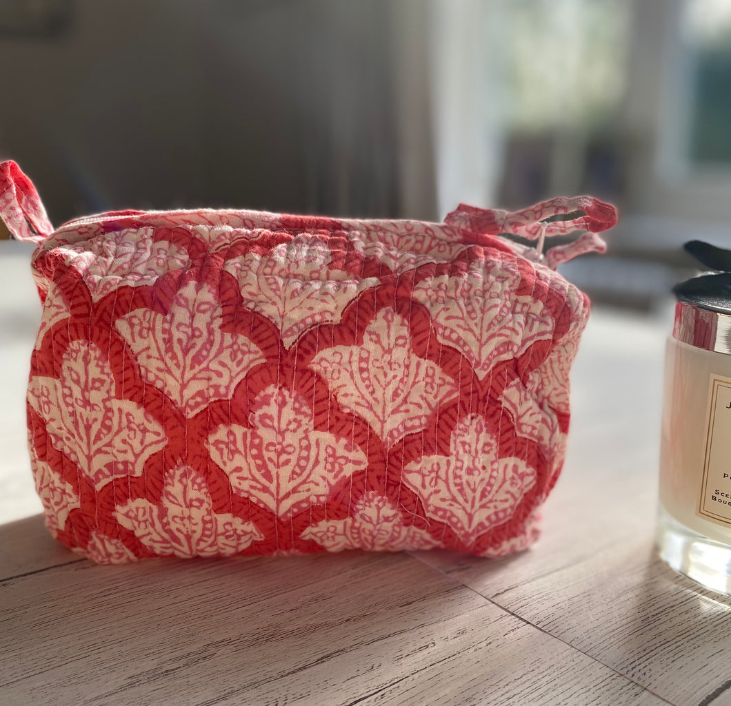Block printed make up bag - red and pink