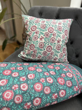 Load image into Gallery viewer, Green and Pink Block Print cushion to match quilt
