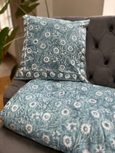 Load image into Gallery viewer, Denim Blue Block Print cushion to match quilt
