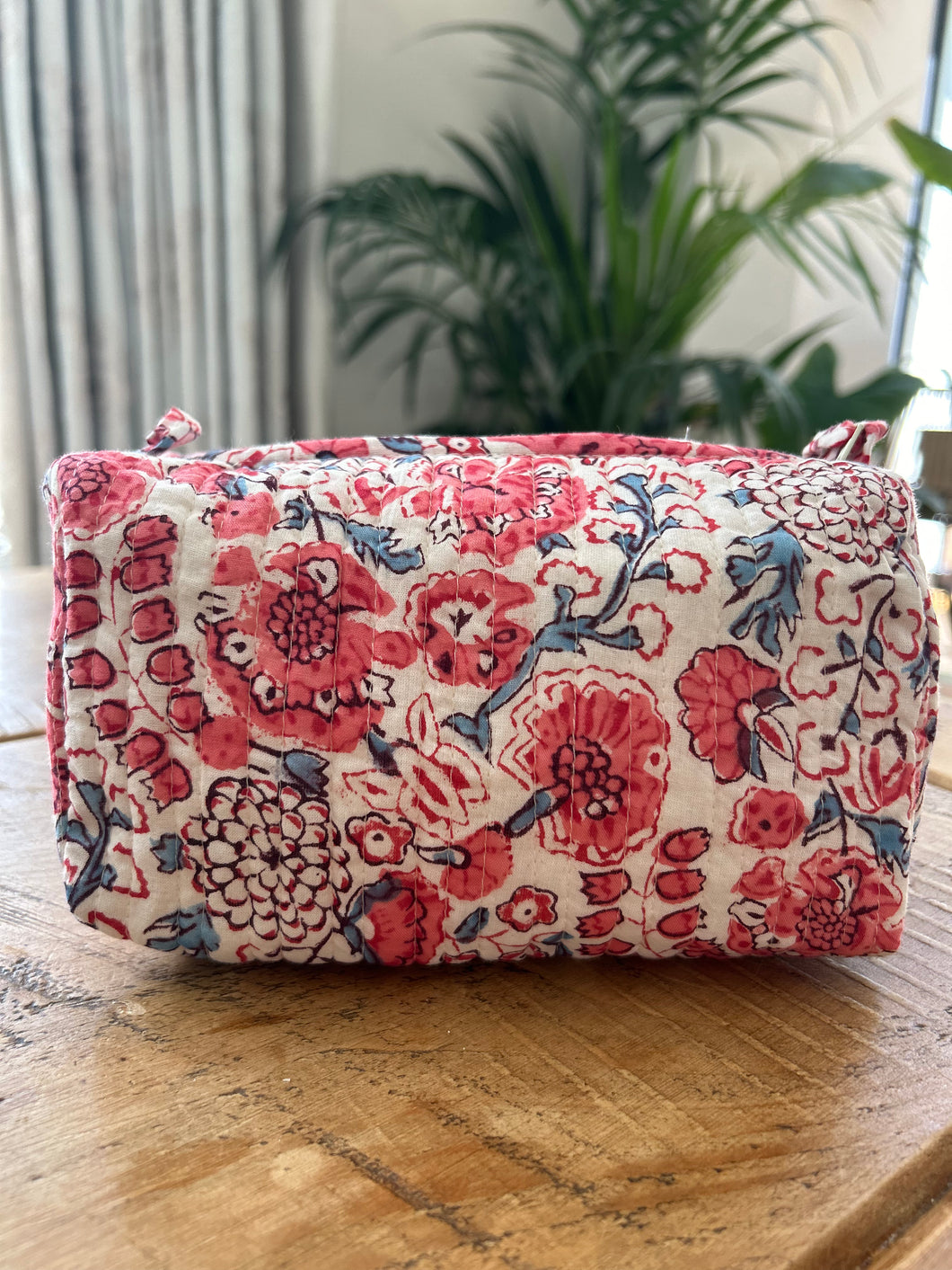 Block printed make up bag - pale blue and red