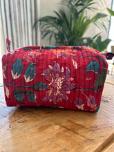 Load image into Gallery viewer, Block printed make up bag - dark red floral
