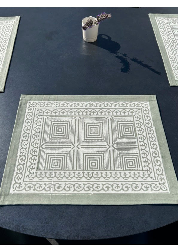 Green block printed place mats - set of 4