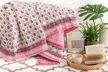 Load image into Gallery viewer, Pink Block Print Quilt King Size thrown over a small table
