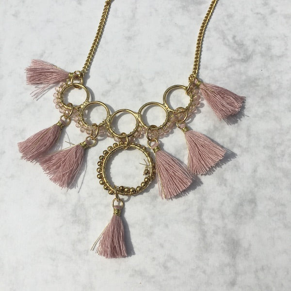 Long hoops and pink tassel necklace
