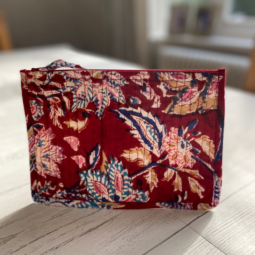 Block printed pouch bag - red and blue