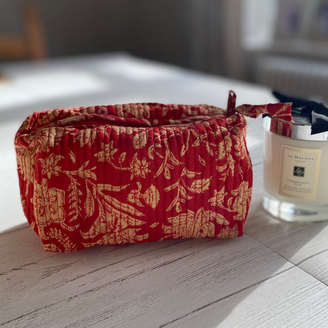 Block printed make up bag - Red and Taupe
