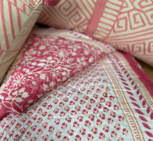 Load image into Gallery viewer, detail of pink block print quilt
