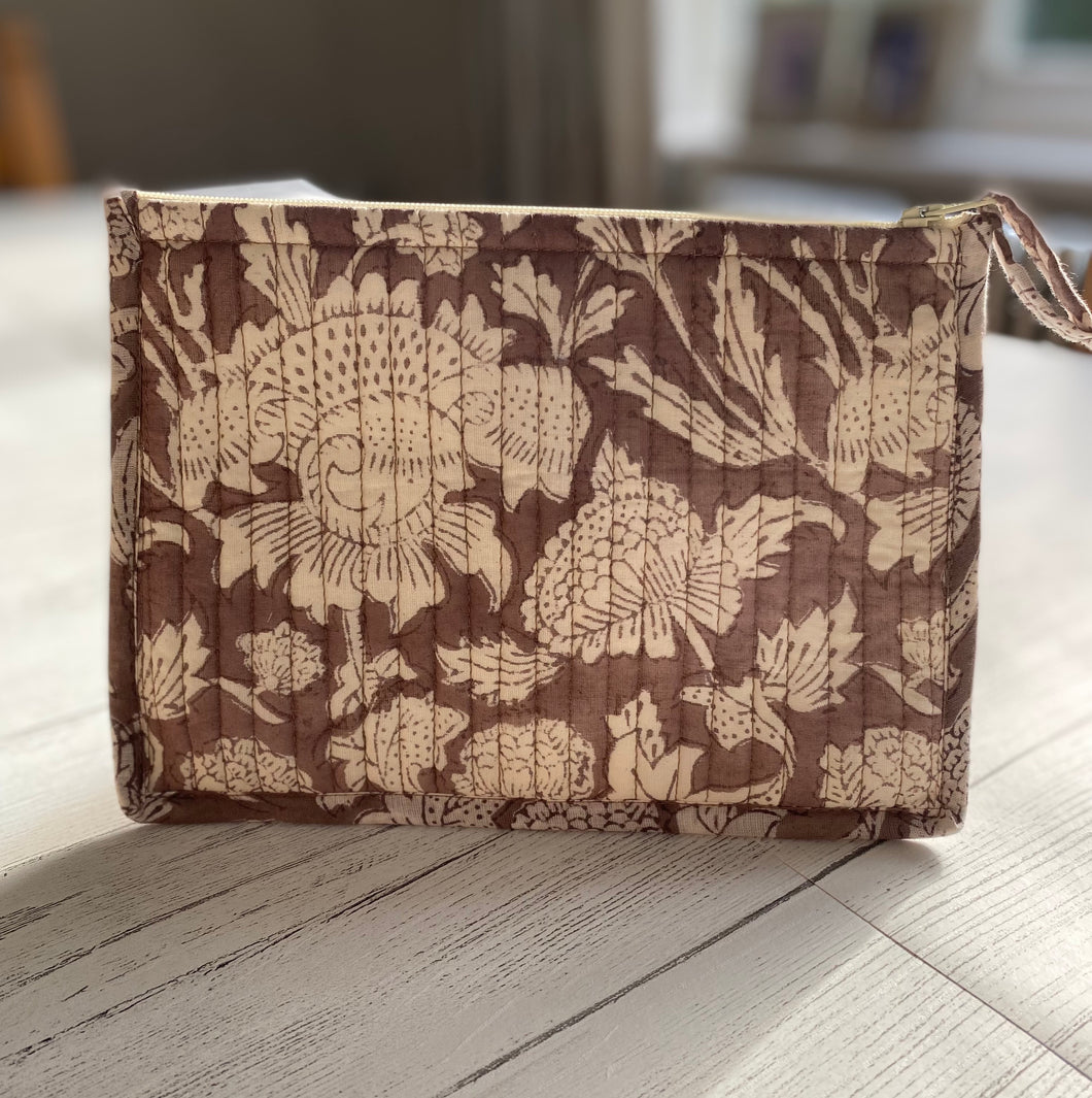 Block printed pouch bag - Taupe and cream
