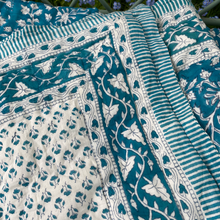 Load image into Gallery viewer, Close Up Of Teal Block Print Quilt
